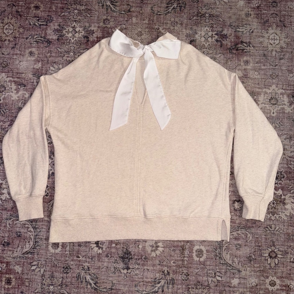 Aerie Big Chill Oversized Sweatshirt Bow Back Pullover Oatmeal Side Slits XS